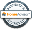 Home Advisor logo with orange and blue lettering. Also lettering that says "Screened and approved" on the bottom and the top of the logo.